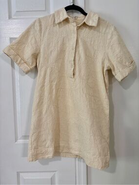 Cream Textured Embroidered Shirt Dress Short Sleeve Button-Size Medium